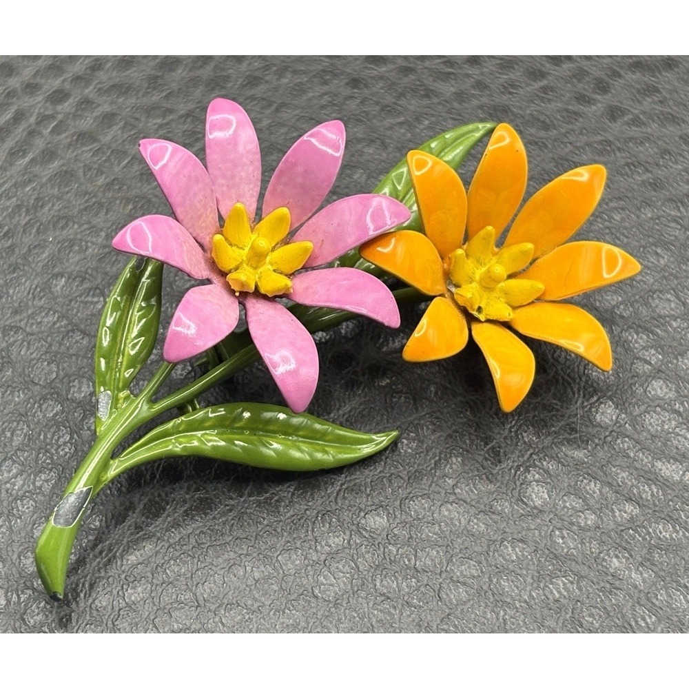 Vintage MOD JJ Enamel Flower Brooch Pin Pink Orange Yellow Green Colorful Summer